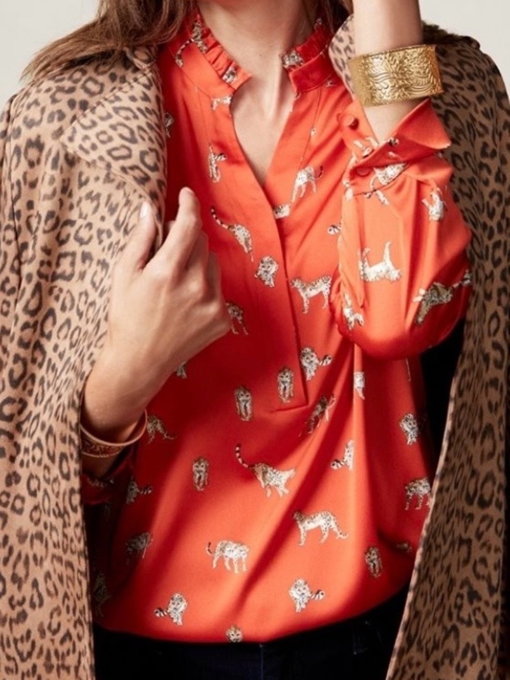 Womens Orange Animal-Print Button-Neck Blouse
